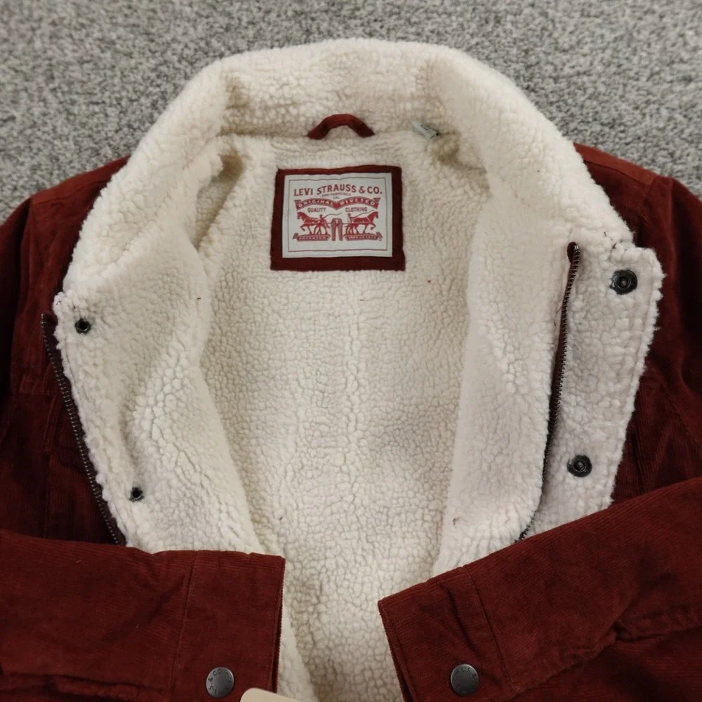 NEW Levis Jacket Mens S Brown Red Corduroy Sherpa Lined Trucker Snap Zip Coat‎